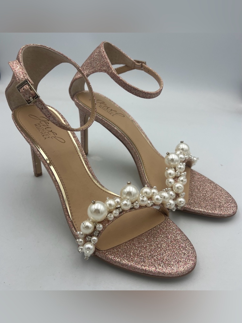 Jewel Badgley Mischka Pearls Rose Gold Glitter Lassie Stiletto Heels SIZE 8 NEW